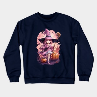 Ghostly Manga Girl with a Witch's Hat, Broomstick, and a Pumpkin Head Crewneck Sweatshirt